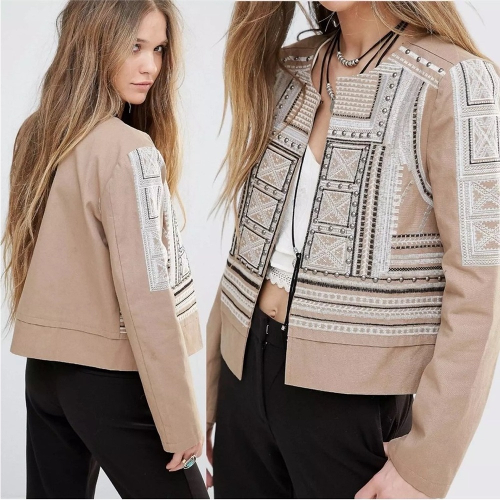 Moon River Tan and White Embellished Jacket